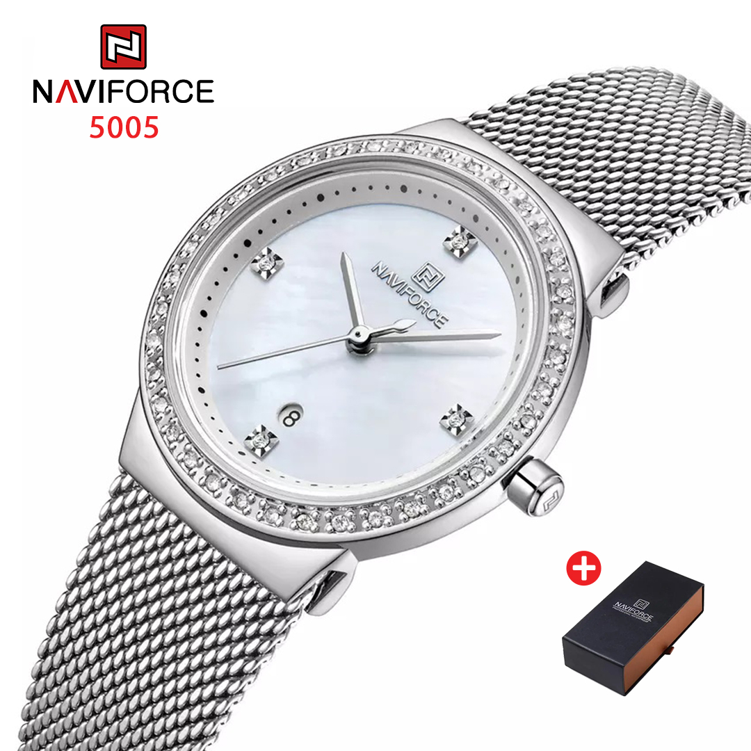 NAVIFORCE NF 5005 Women's Watch Stainless Steel Waterproof with Date-SILVER WHITE