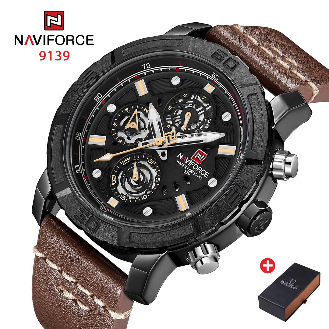 NAVIFORCE NF 9139 Luxury Genuine Leather Chronograph Analog Men's Watch-Black Brown