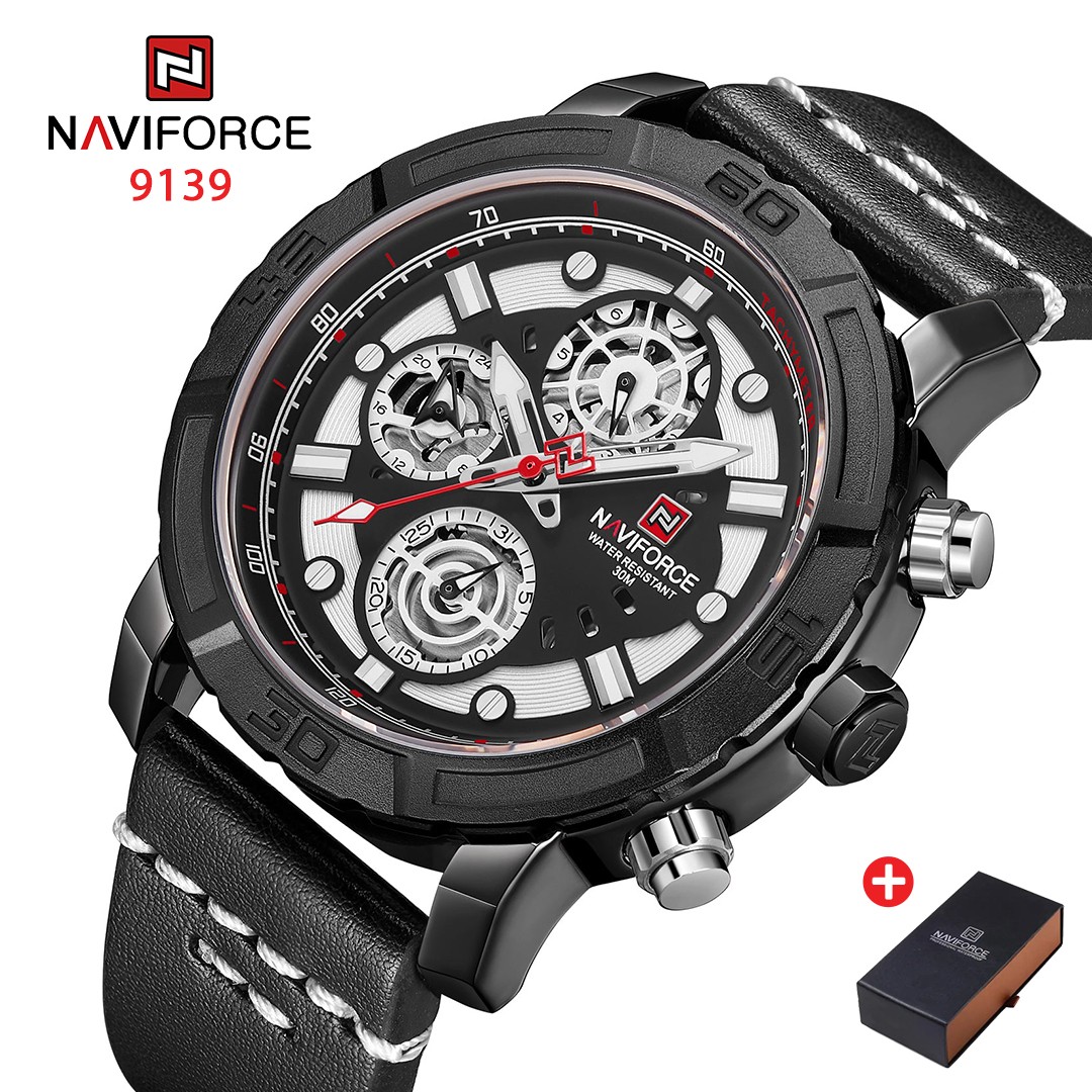 NAVIFORCE NF 9139 Luxury Genuine Leather Chronograph Analog Men's Watch-Black