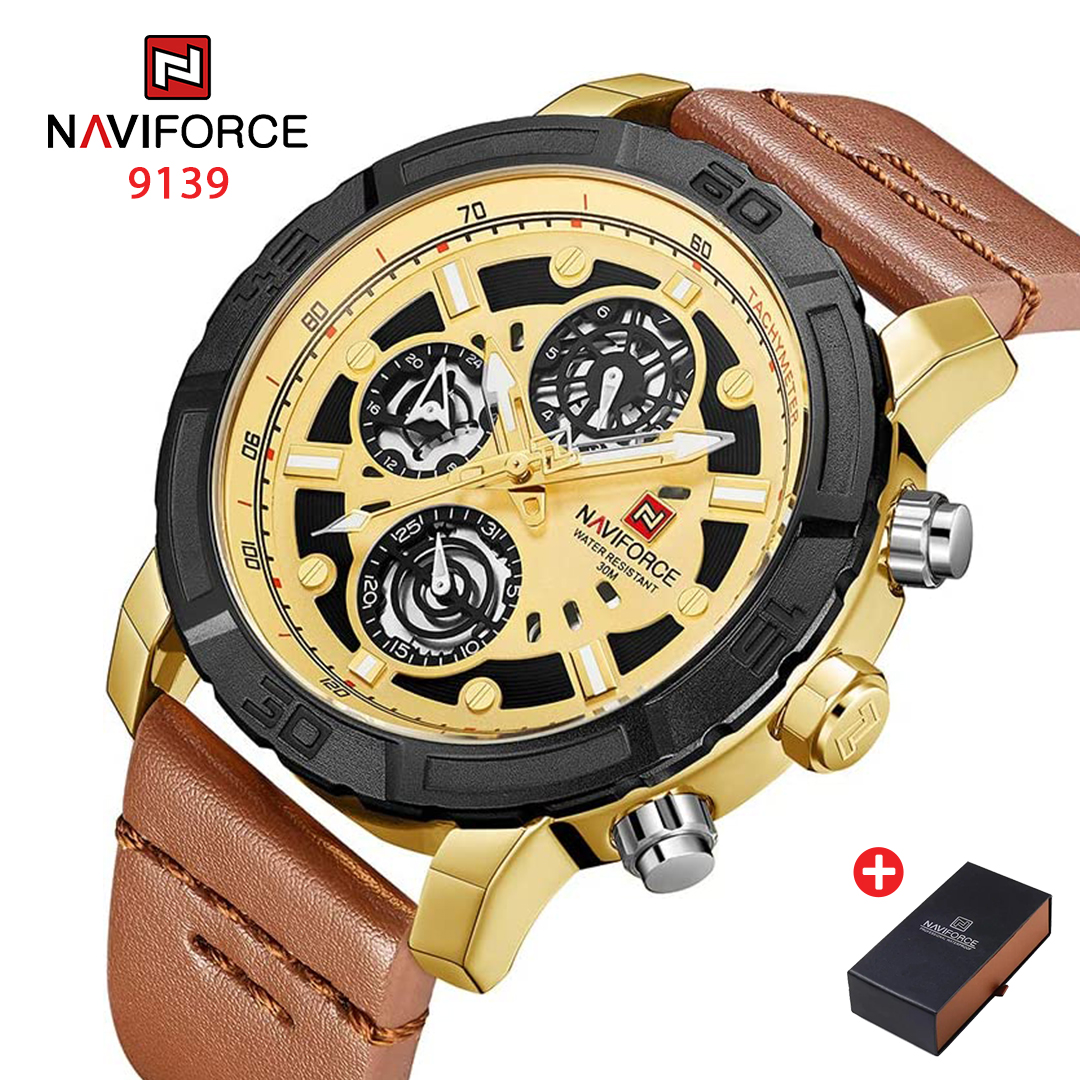 NAVIFORCE NF 9139 Luxury Genuine Leather Chronograph Analog Men's Watch-Gold Brown