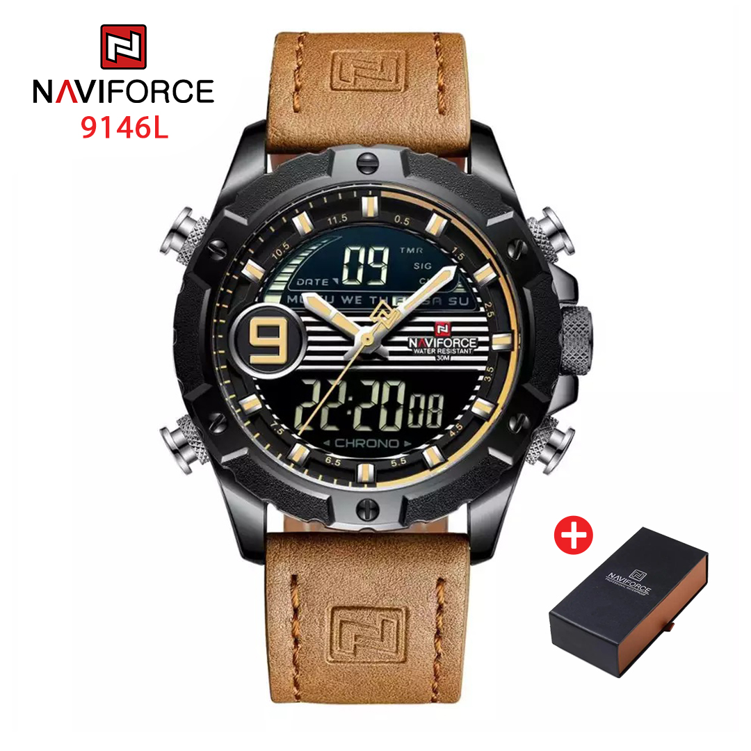NAVIFORCE NF 9146L Luxury Brand Genuine Leather Men's Watch - Brown Black