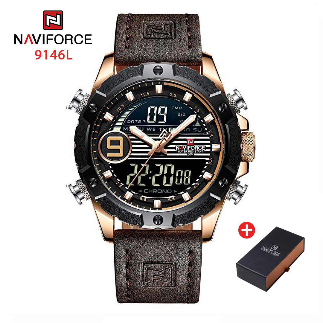 NAVIFORCE NF 9146L Luxury Brand Genuine Leather Men's Watch - Dark Brown Rose Gold