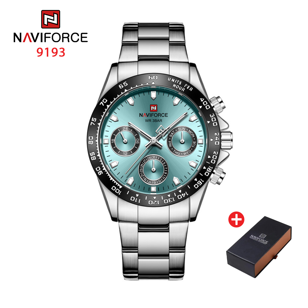 NAVIFORCE NF 9193  Men's Classic Multifunction Stainless Steel Chronograph Watch - Silver Blue