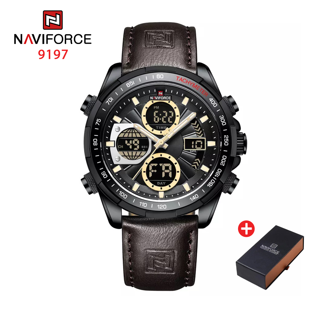 NAVIFORCE NF 9197 Men's Watch Dual Time Leather  - Brown Yellow