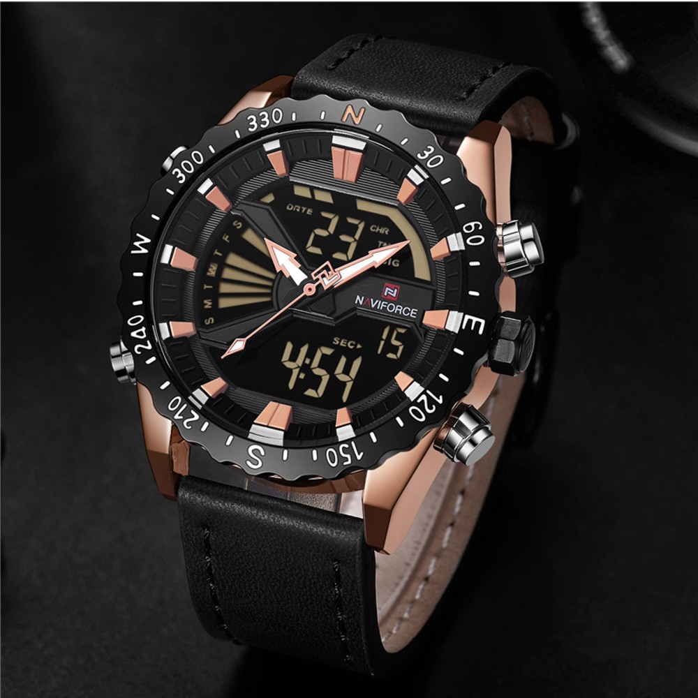 NAVIFORCE NF 9136L Luxury Brand Men's Wristwatch Leather Strap Waterproof - Rose Gold Black