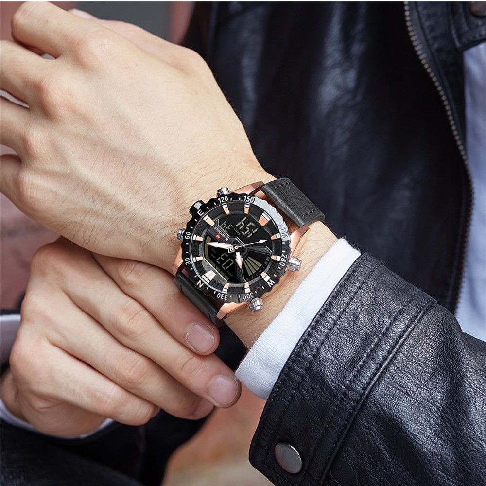 NAVIFORCE NF 9136L Luxury Brand Men's Wristwatch Leather Strap Waterproof - Rose Gold Black
