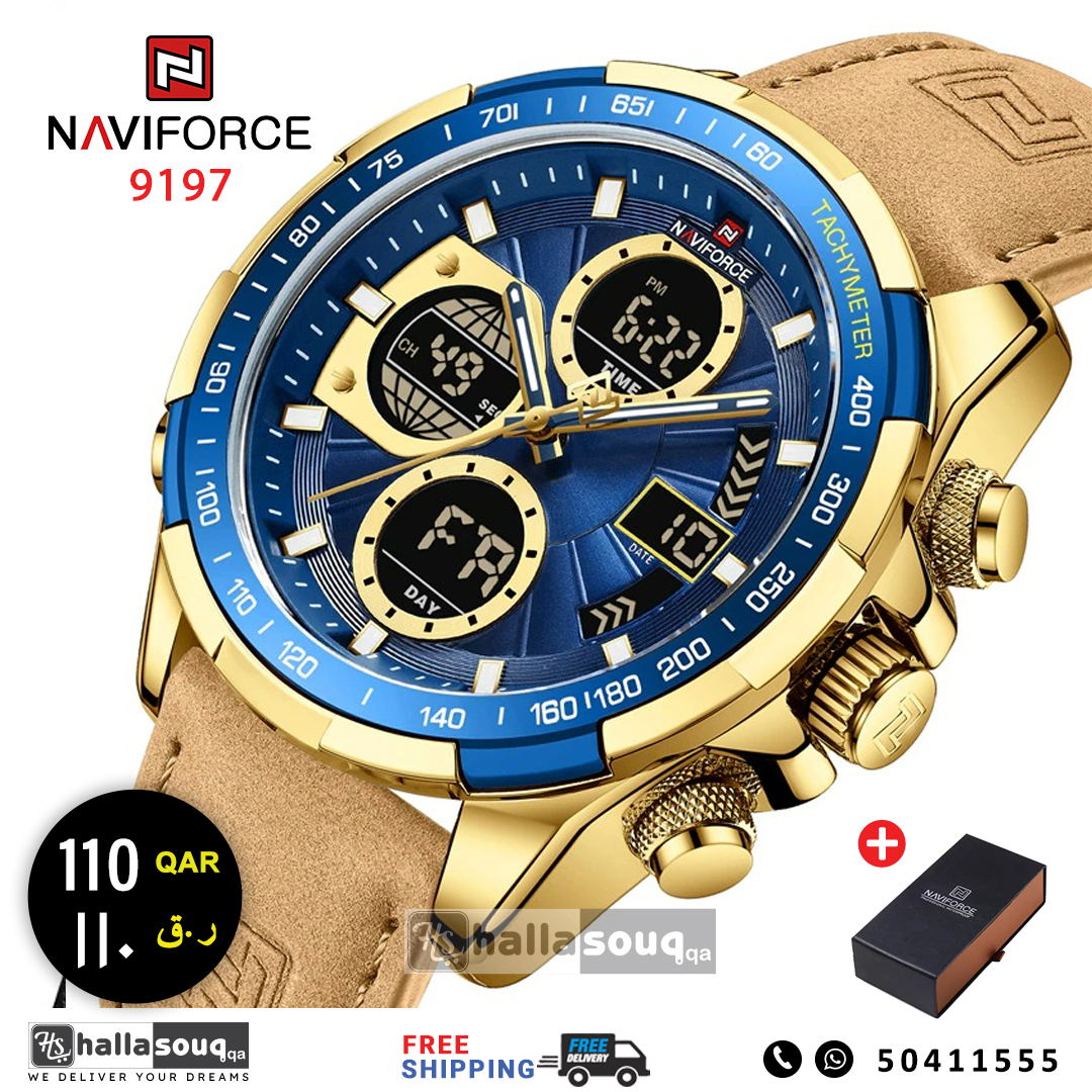 NAVIFORCE NF 9197 Men's Watch Dual Time Leather  - Gold Blue