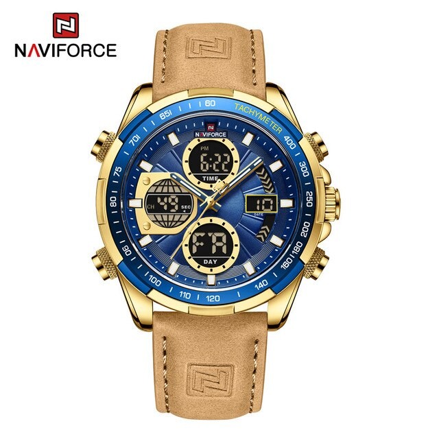 NAVIFORCE NF 9197 Men's Watch Dual Time Leather  - Gold Blue