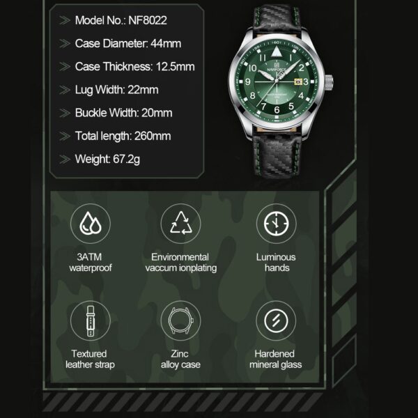NAVIFORCE NF 8022 Men’s Leather Watch - Silver Green