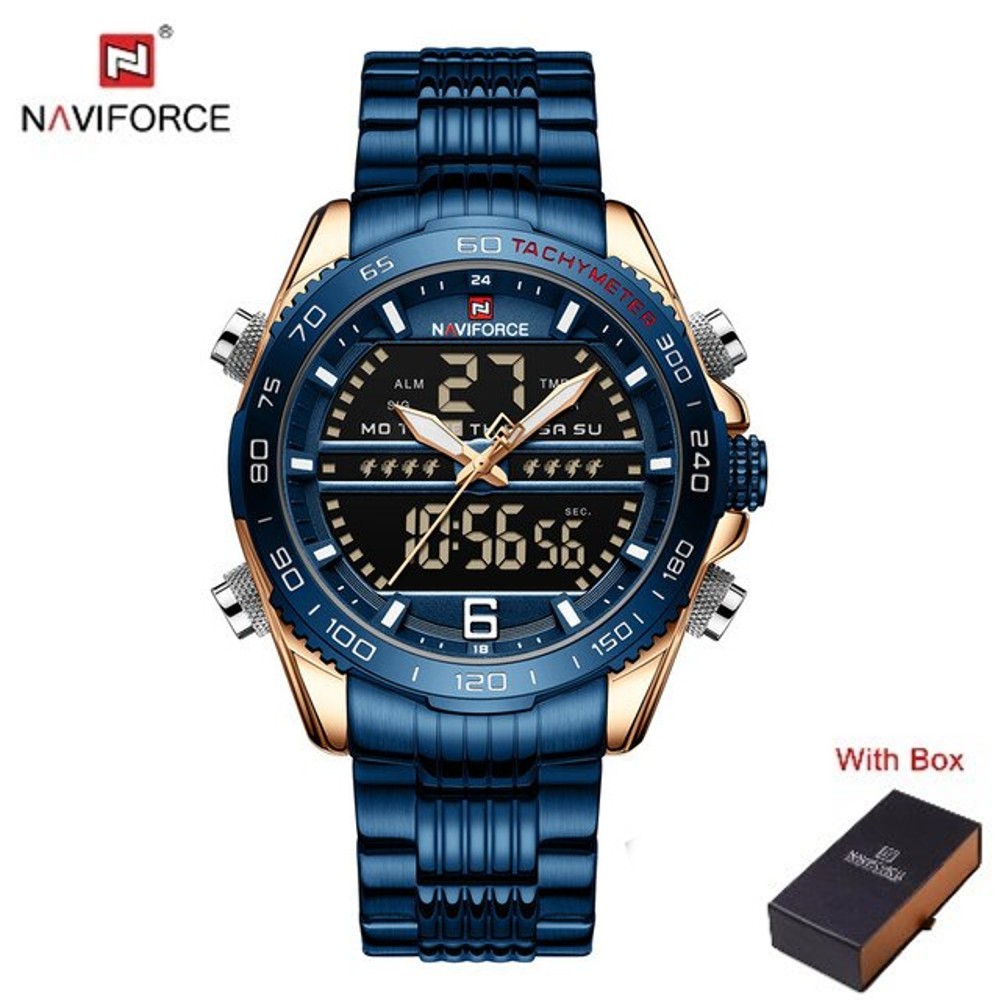 NAVIFORCE NF 9195M Men's Classic Stainless Steel Dual Time Watch - Rose Gold Blue