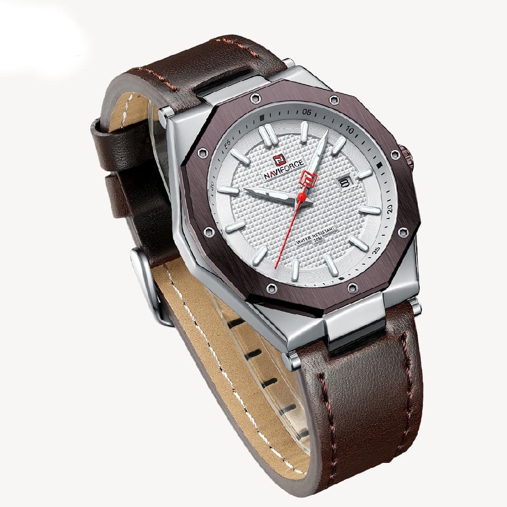 NAVIFORCE NF 9200L Men's Casual Business Leather Strap Watch - Silver Brown