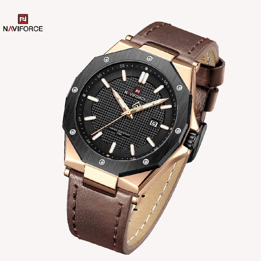 NAVIFORCE NF 9200L Men's Casual Business Leather Strap Watch - Rose Gold Black  Brown