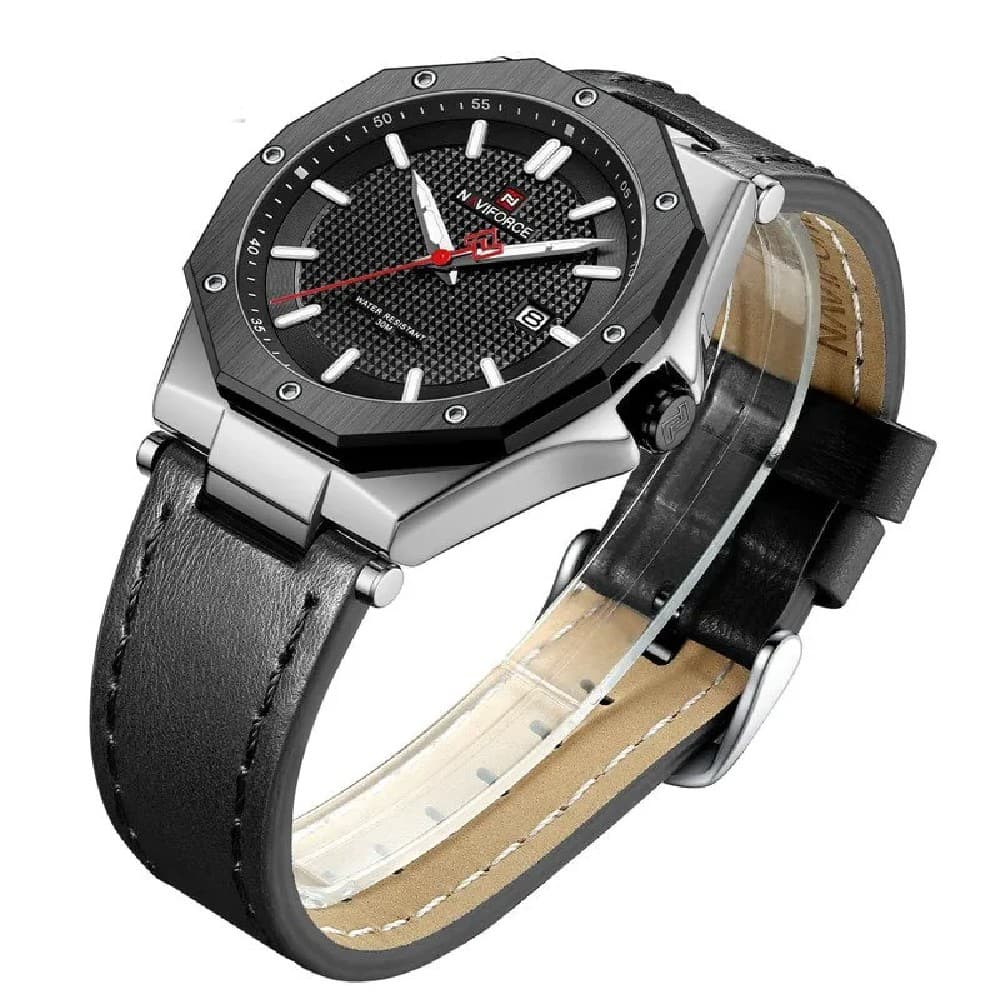 NAVIFORCE NF 9200L Men's Casual Business Leather Strap Watch - Silver Black