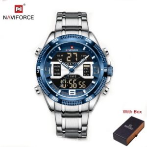 NAVIFORCE NF 9201M Men's Digital Analog Stainless Steel Complete Calender Watch - Silver Blue