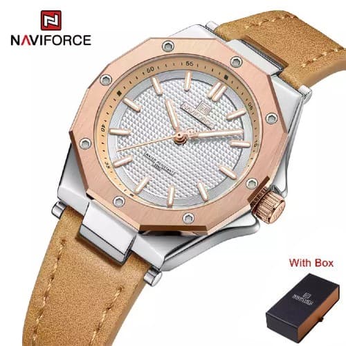 NAVIFORCE NF 5026L Women's Casual Leather Strap watch - Rose Gold White Brown