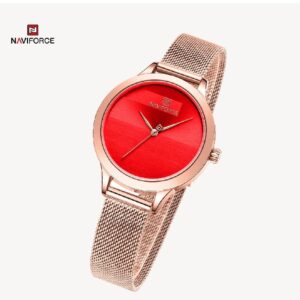 Naviforce NF 5027 Womens Luxury Stainless Steel Mesh Strap Watch - Rose Gold Red
