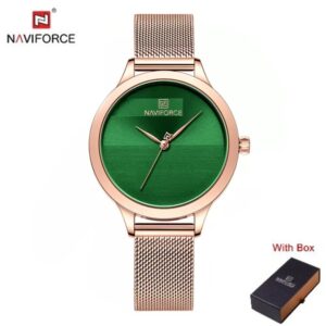 Naviforce NF 5027 Womens Luxury Stainless Steel Mesh Strap Watch - Rose Gold Green
