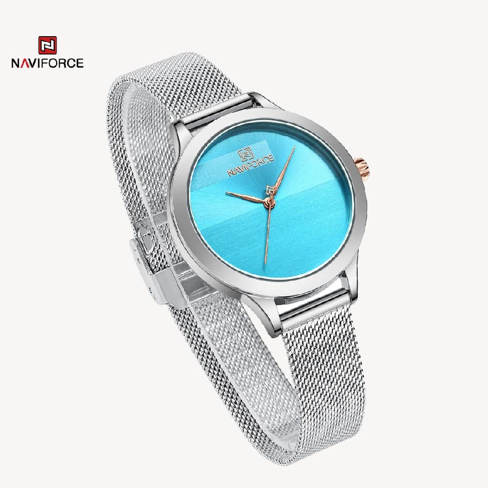 Naviforce NF 5027 Womens Luxury Stainless Steel Mesh Strap Watch - Silver Blue