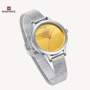 Naviforce NF 5027 Womens Luxury Stainless Steel Mesh Strap Watch - Silver Yellow