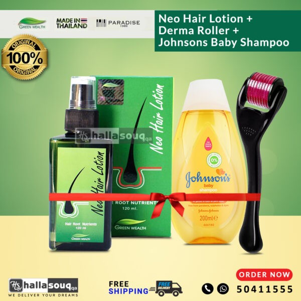 Neo Hair Lotion and Derma Roller and Johnson's Baby Shampoo Original Made in Thailand