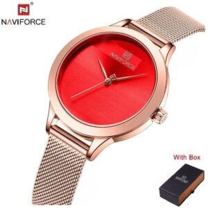 Naviforce NF 5027 Womens Luxury Stainless Steel Mesh Strap Watch - Rose Gold Red