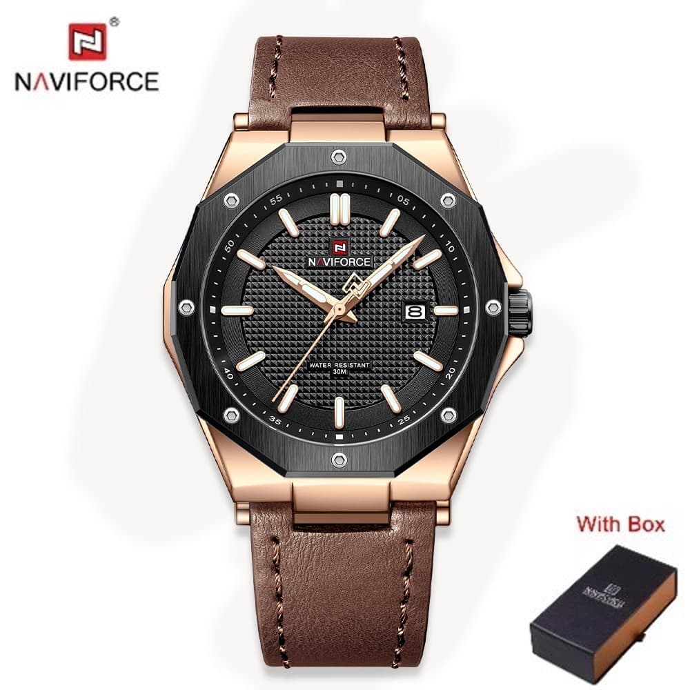 NAVIFORCE NF 9200L Men's Casual Business Leather Strap Watch - Rose Gold Black  Brown
