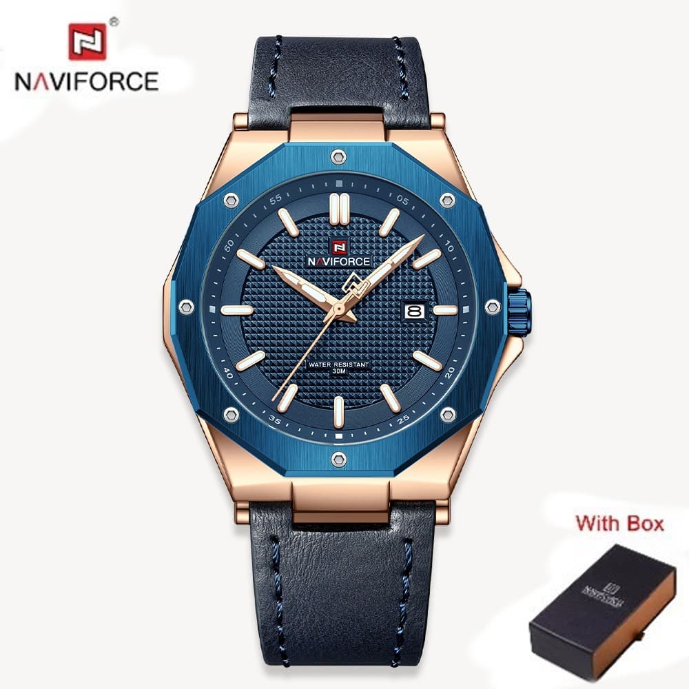 NAVIFORCE NF 9200L Men's Casual Business Leather Strap Watch - Rose Gold Blue