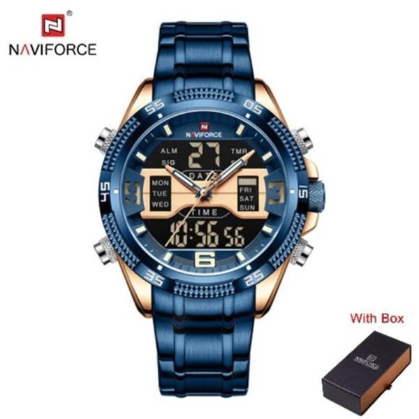 NAVIFORCE NF 9201M Men's Digital Analog Stainless Steel Complete Calender Watch - Rose Gold Blue