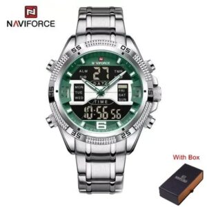 NAVIFORCE NF 9201M Men's Digital Analog Stainless Steel Complete Calender Watch - Silver Green