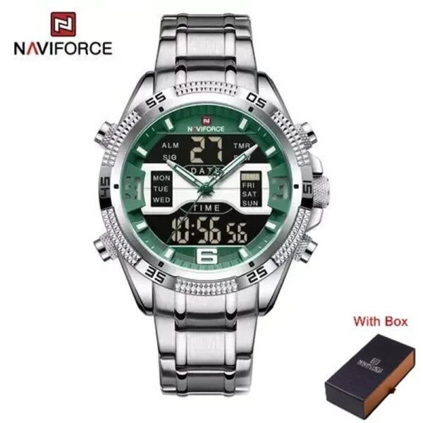 NAVIFORCE NF 9201M Men's Digital Analog Stainless Steel Complete Calender Watch - Silver Green