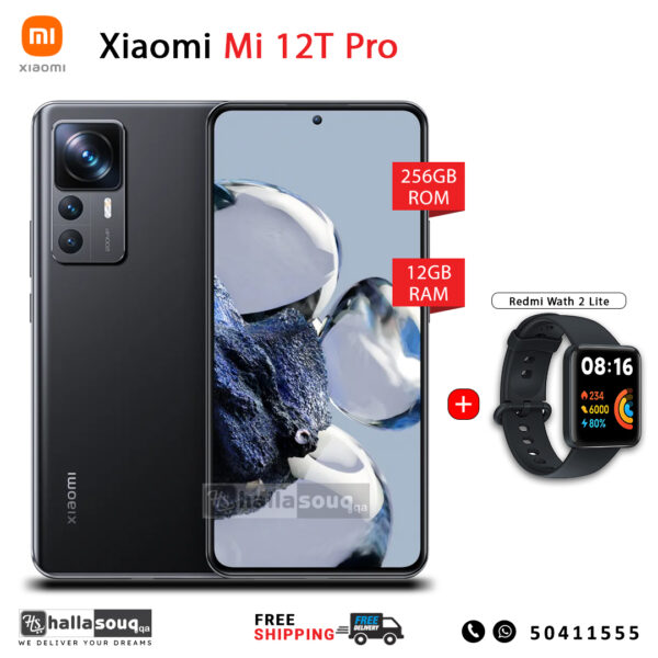 Xiaomi Mi 12T pro (12GB RAM, 256GB Storage) with Redmi watch 2 lite - Black