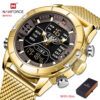 NAVIFORCE NF 9153 Men's Watch Stainless Steel Strap Analog Digital Multifunction Waterproof Wristwatch-Gold Black