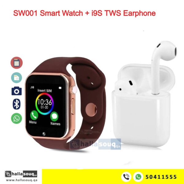 Mobile Smartwatch SW 001 With Memory, Sim Card Slot and i9S TWS Earphone