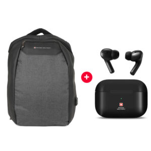 SWISS MILITARY (LBP73) Laptop Backpack With USB Charging Port - Grey Black And Swiss Military TWS-VICTOR1 True Wireless Earbuds
