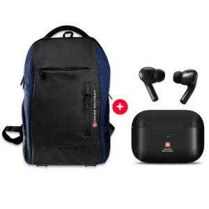 SWISS MILITARY (LBP90) Multi Utility Backpacks with USB Charging Port - Blue Black  And Swiss Military TWS-VICTOR1 True Wireless Earbuds