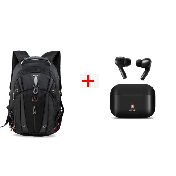 Swiss Military LBP76 Black Solid Backpack - 31L And Swiss Military TWS-VICTOR1 True Wireless Earbuds