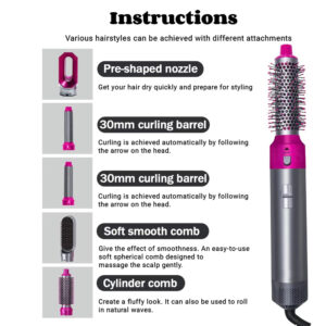 5 in 1 Hot Air Styler UK Plug for Straigntening, Curling, Hair Styling Appliances with 5 Interchangeable Brushes