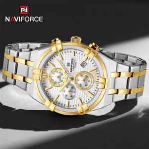 NAVIFORCE NF 8042 Multi-function Chronograph Watch Fashion Waterproof Luxury Gift Luminous Men’s Watch-Silver Gold